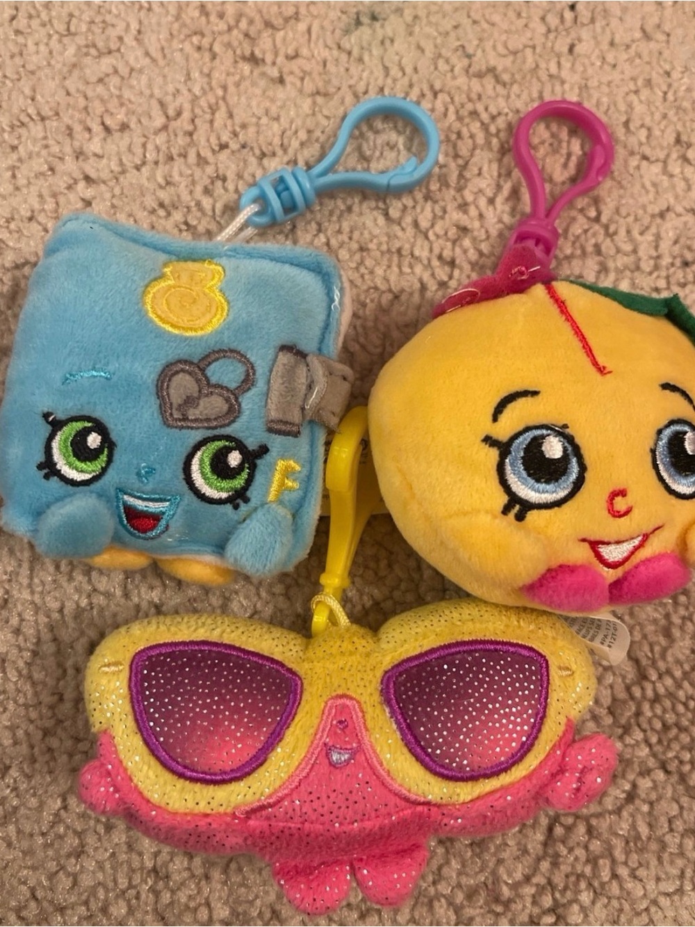 Shopkins  characters purse or book bag plush clips set of three